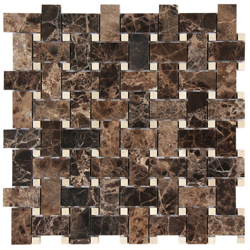 Dark Emperador 12 in. x 12 in. Basketweave Glossy Marble Tile