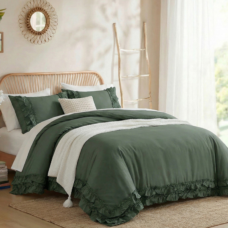 Ensemble de housse de couette 100% coton vert olive, ensemble de literie Coquette Aesthetic French Country, Vert olive
