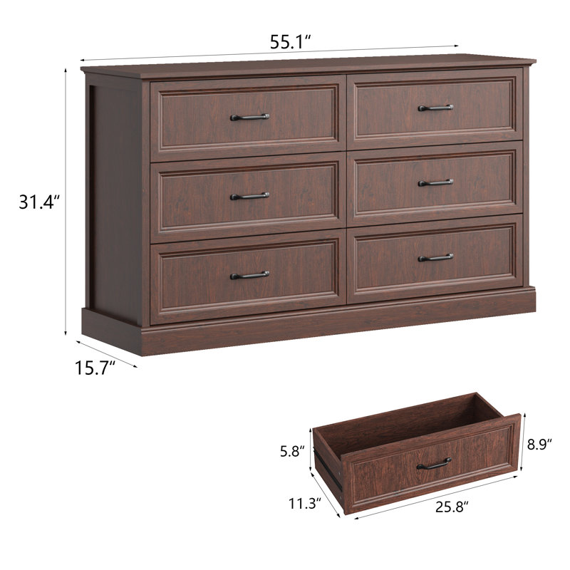 Hava 55" W Modern 6 Drawer Dresser for Living Room, Bedroom Dresser,Wide Tv Stand, Brown