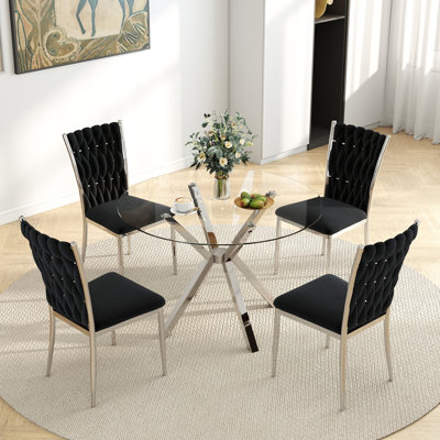 36" Round Tempered Glass Dining Table Set, 2/4 Velvet Chairs With Electroplated Metal Legs, Modern Minimalist For Small Space, Dining Room & Kitchen