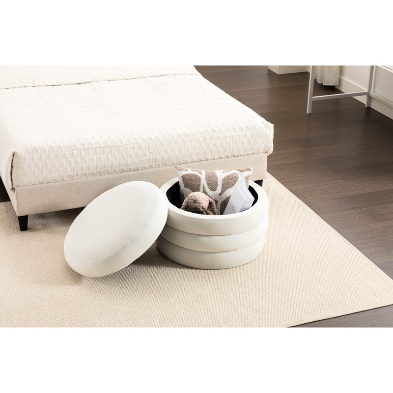 Round Velvet Footstool With Storage In , 24.39"X24.39"X17.25", Wooden Shelving, Bedroom Bench, Makeup Stool, Stores Laptops, Books, Headphones, Blankets, Modern Fabric Storage, Furniture Piece