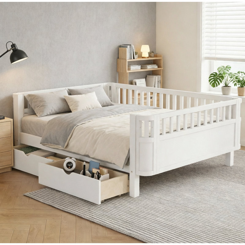 Lit plateforme en bois avec rangement spacieux, rails de sécurité, Lit double, Blanc