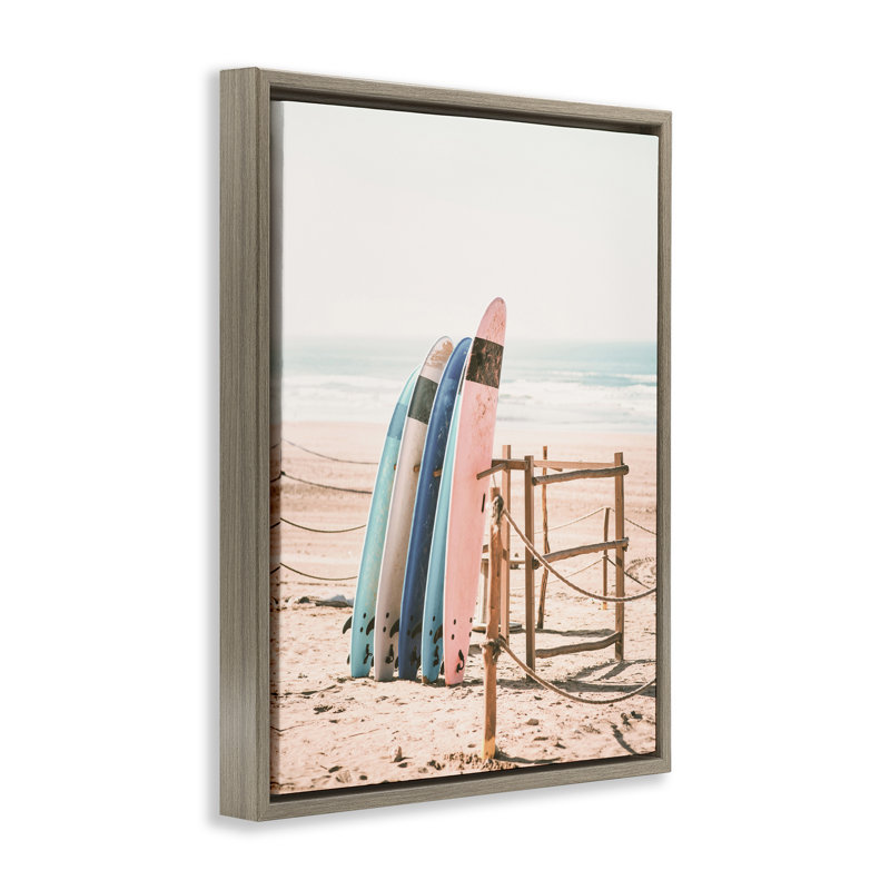Cadre flottant rétro avec planches de surf de plage, design par Sissi et Seb, H 31 po x l 25 po, Brun