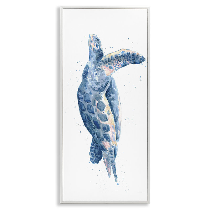 «Blue Turtle», estampe numérique par Kamdon Kreations, H 30 po x l 13 po, Estampe numérique encadrée blanc bord de mer