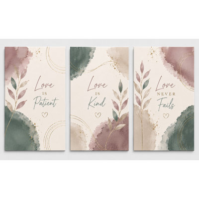 Extra-LargeExtra-Large Set of 3 Scripture Love Wall Art, Love Is Patient Love Is Kind Love Never Fails Botanical Canvas Prints for Bedroom, Christian Decor 24x36 Inch Canvas Print - Ready to hang