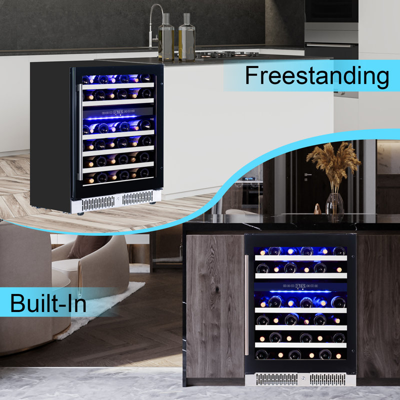 Wine Fridge 24 Inch, 46 Bottles Wine Refrigerator Cooler With Temperature Memory & Touchscreen Design, Double UV Glass Door And Removable Shelves, Built-in/freestanding, For Home