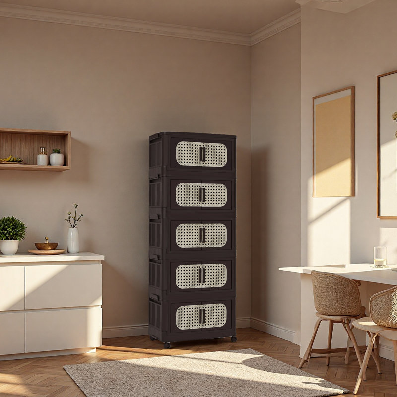 20" Side Wide Folding Storage Cabinet ,5 Tiers,19.69"×11.81"×50.00",Collapsible Storage Bins With Magnetic Door, Plastic Storage Cabinet With Wheels