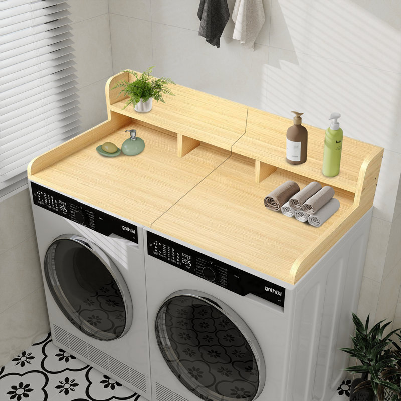 Comptoir de laveuse-sécheuse avec tablette, comptoir en bois à 2 niveaux avec rebord, Chêne