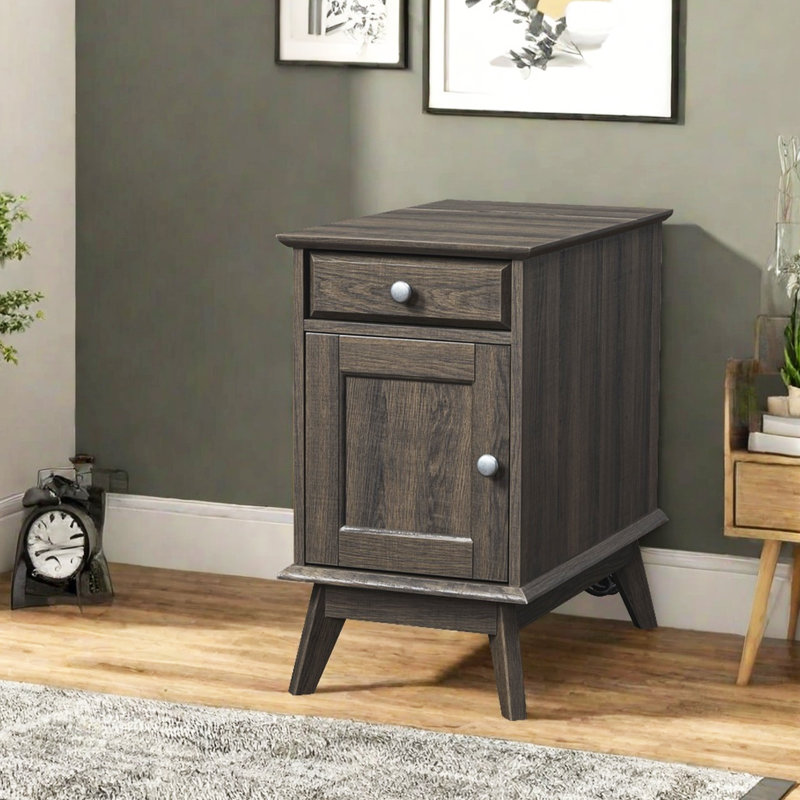 Alingtons 24.4" End Table - Storage Nightstand with Built-In Outlets, Smoke Oak