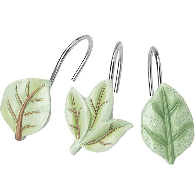 Minoky 12PCS Leaves Shower Curtain Hooks, Green Plant Leaf Decorative Shower Curtain Hooks ...