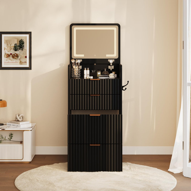 Ensemble de meuble-lavabo moderne cannelé 39 po avec tabouret et station de charge intégrée, Noir