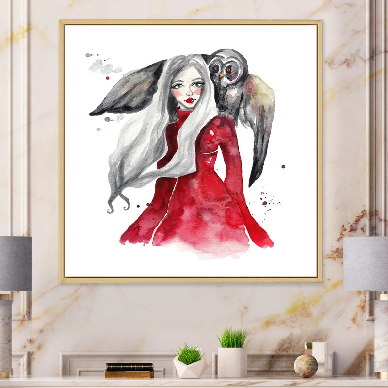 «Grunge Girl with Owl» - décoration murale glam sur toile, L 36 po x H 36 po x P 1,5 po, Cadre flottant veige