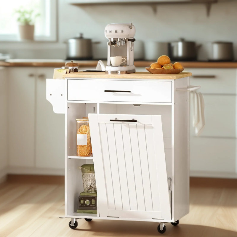 Îlot de cuisine avec rangement pour poubelle et prise de courant, chariot de cuisine mobile à roulettes avec armoire basculante cachée, support à épices et roues verrouillables pour un rangement et une mobilité accrus
