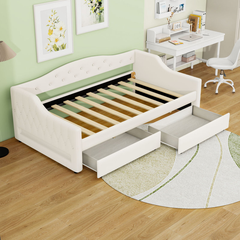 Twin XL Linen Upholstered Daybed with LED Lighting and Dual Storage Drawers, Beige