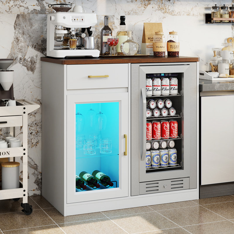 Armoire à café, armoire à vin avec bande lumineuse à DEL, prise de courant, support à vin pour mini-réfrigérateur, Blanc