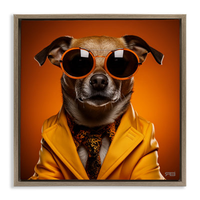Trendy Dog Yellow Suit Gray Framed Floater Canvas Wall Art by Roozbeh Bahramali