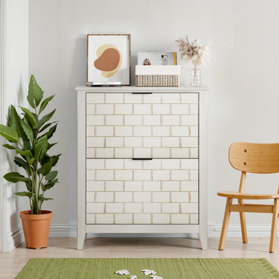 Armoire à chaussures autoportante de 31,5 pouces de style rétro avec deux tiroirs rabattables, convenant à un espace de vie principal, une finition vieillie et des pieds en bois massif, avec des tablettes réglables blanches faciles à assembler