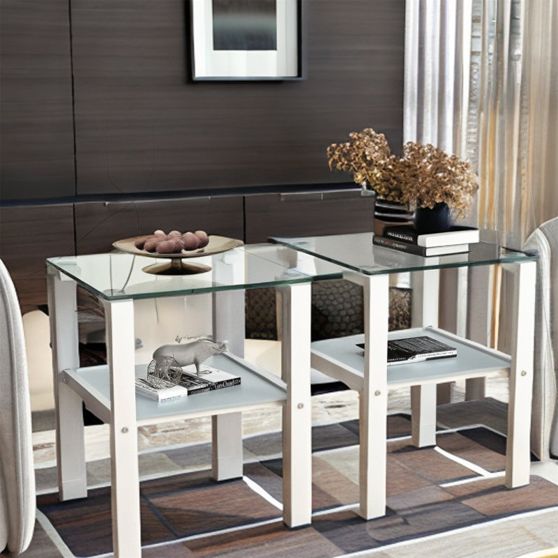 Dunkum Glass Top End Table Set, White