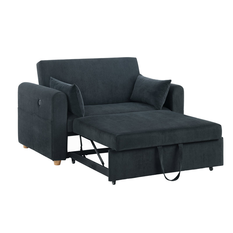 Causeuse convertible en velours côtelé noir l 55 po avec ports USB, poches pour magazines et oreillers, Noir