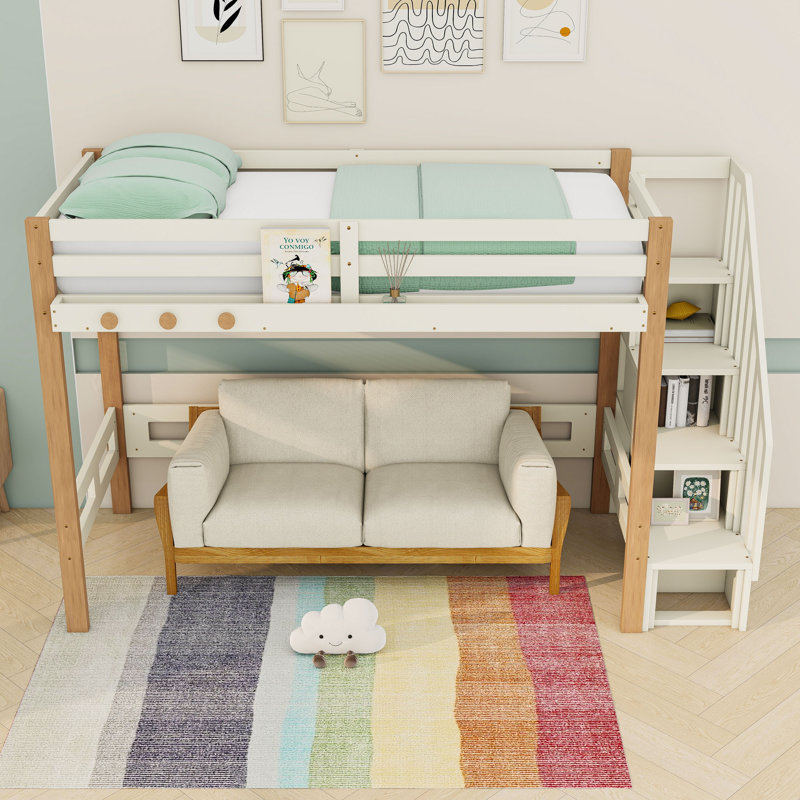 Lit mezzanine en bois avec tablettes intégrées et crochet à vêtements, escalier, Twin