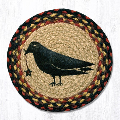  Crow & Star Round Trivet – 10"x10" Braided Natural Fiber Hot Pad with Primitive Blackbird and Star Design