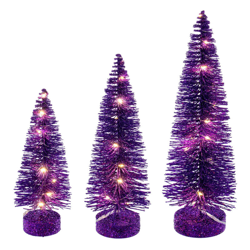  8"-10"-12" Purple Lit Bottle Brush Tree Set., Warm White, 1' H, Purple