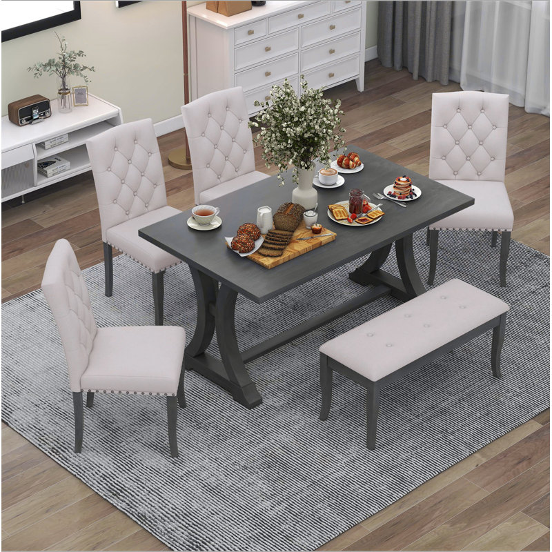 Ensemble de table de salle à manger 6 pièces, table à tréteaux rectangulaire, 4 chaises rembourrées et banc pour la salle à manger