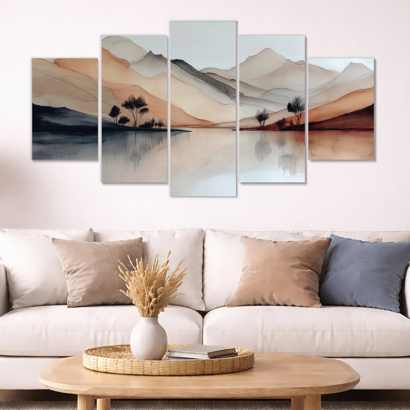 «Watercolor River Drift Mountains», reproduction d'art sur toile, paysage orange, 5 panneaux