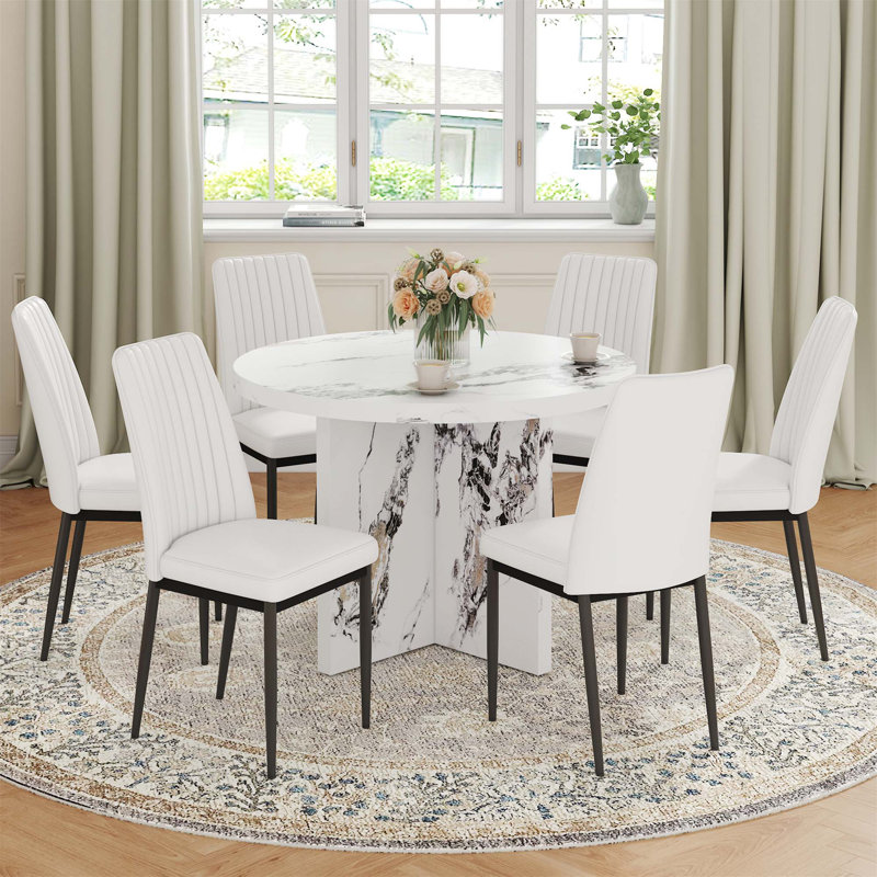 7 Piece Round Dining Table Set, 42 Inch Modern Round Table and 6 Upholstered Chairs, White/Black