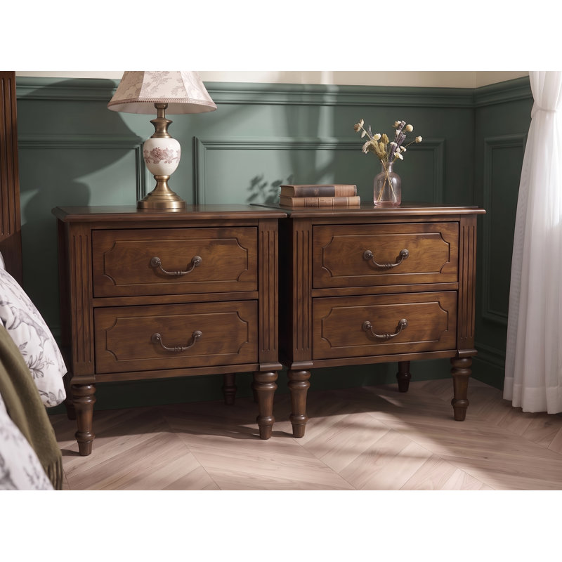 Ensemble de 2 tables de chevet cannelées, table d'appoint de 53 cm de large avec 2 tiroirs, style moderne du milieu du siècle, noyer