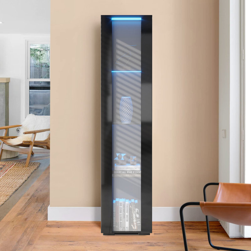 Zermatt Modern Style Curio Cabinet with Adjustable Glass Shelves and Wire Management Hole for Living Room, Bedroom, Black 