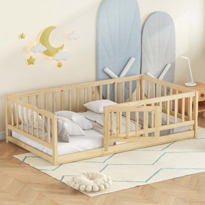Montessori Floor Bed With Fence And Door, Sturdy Pine Wood Twin Bed For Kids, No Box Spring Needed, Multi-Functional Design