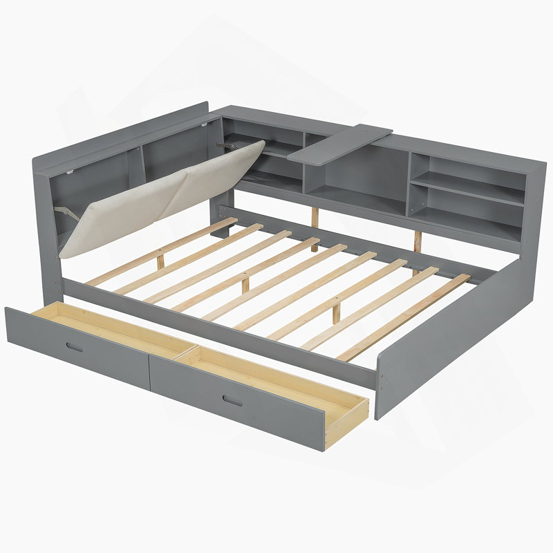 Lit plateforme en bois avec tête de lit, tablettes et 2 tiroirs, gris
