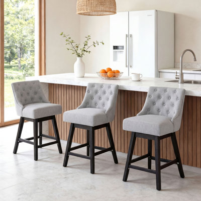 25.6" Swivel Bar Stools Set Of 3, Counter Height Barstools With Back, Linen Fabric Upholstered Bar Stools, Modern Barstools Wood Legs For Kitchen Island Dining Room Bar