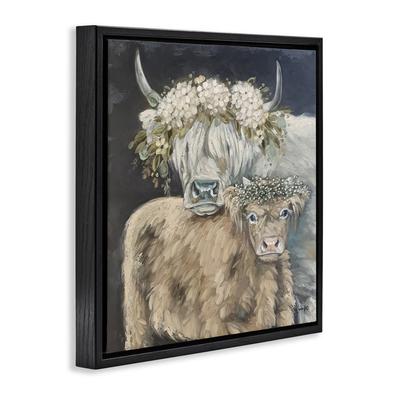 Highland Cattle with Flower Garlands, H 18 po x l 18 po, Cadre flottant noir de jais