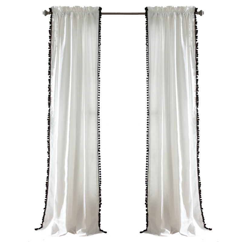 Pom Pom Semi Sheer Curtain Single Panel, Black, 50"W x 108"L