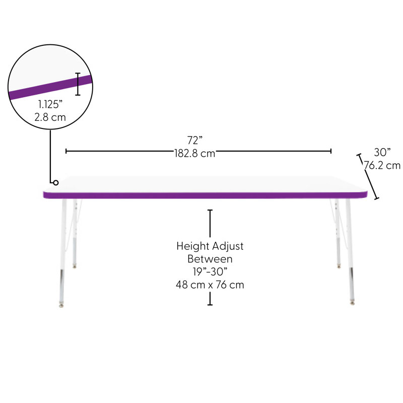 Table rectangulaire d'activités thermofusionnées avec pieds réglables et pivotants standard, H 30 po x l 30 po x P 72 po