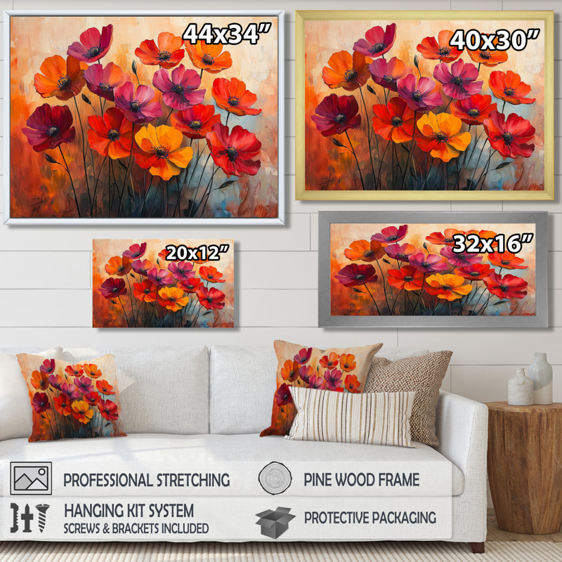 Jabryan orange dansant parmi les fleurs sauvages II - Art mural de fleurs sauvages pour le salon, H 30 po x l 40 po, Doré