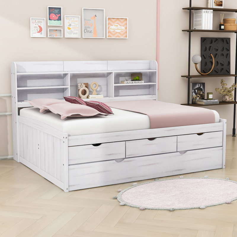 Lit plateforme double en bois avec tablettes et 3 tiroirs, lit gigogne simple, Blanc