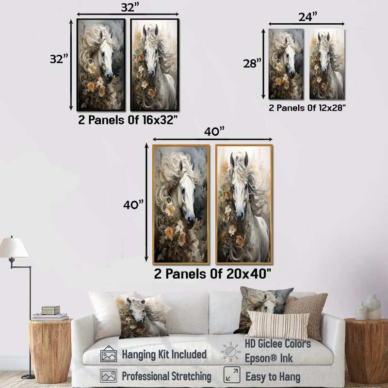 Blooming surréal équin, ensemble de 2 reproductions d'art mural cheval, Cadre blanc, H 40 po x l 41 po