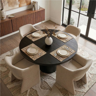 Ensemble de table de salle à manger pour 4 personnes avec table ronde en bois massif et 4 chaises rembourrées en chenille