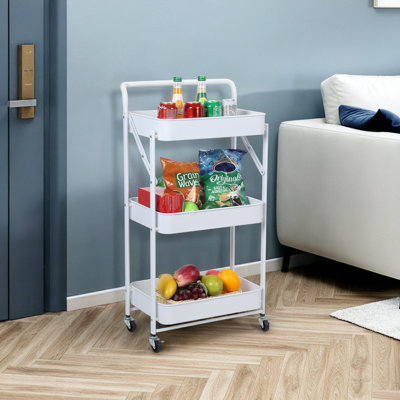 Metal 3 Tier Rolling Cart With Wheels For Kitchen Storage & Laundry Room Organization, Bedside Cart With Handle And 4 Hooks, Versatile Large Capacity Art & Craft Storage Organizer, White