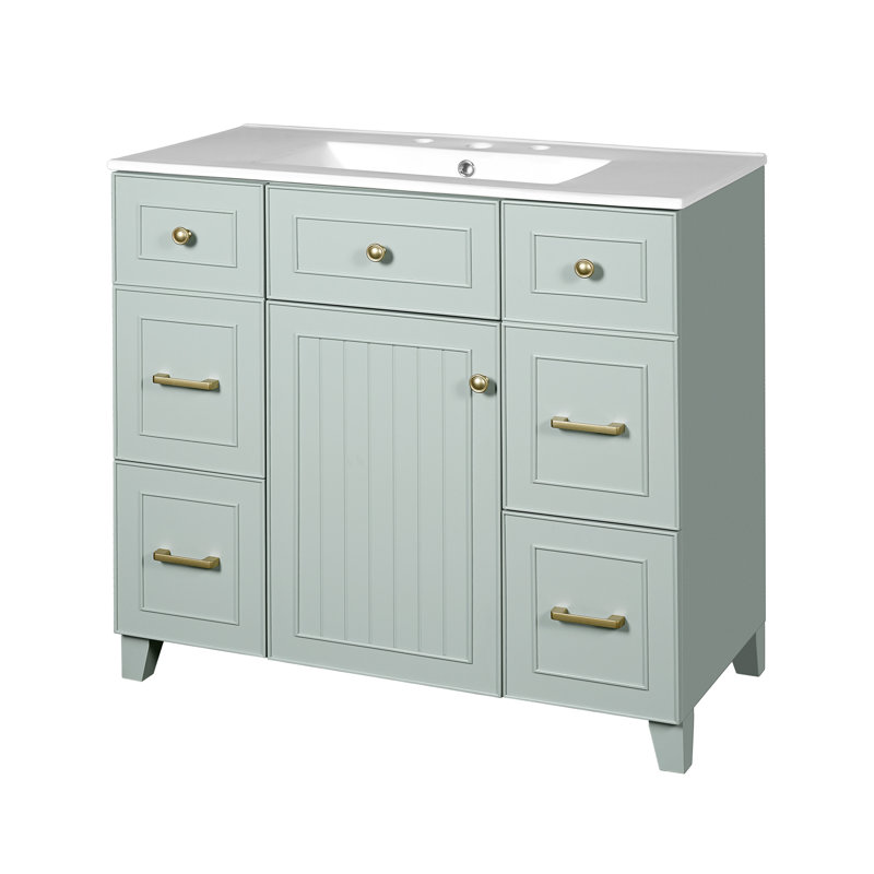 Meuble-lavabo vert 36 po avec lavabo en céramique, portes à fermeture douce, 2 tiroirs doubles et 2 tiroirs standards, tablette réglable