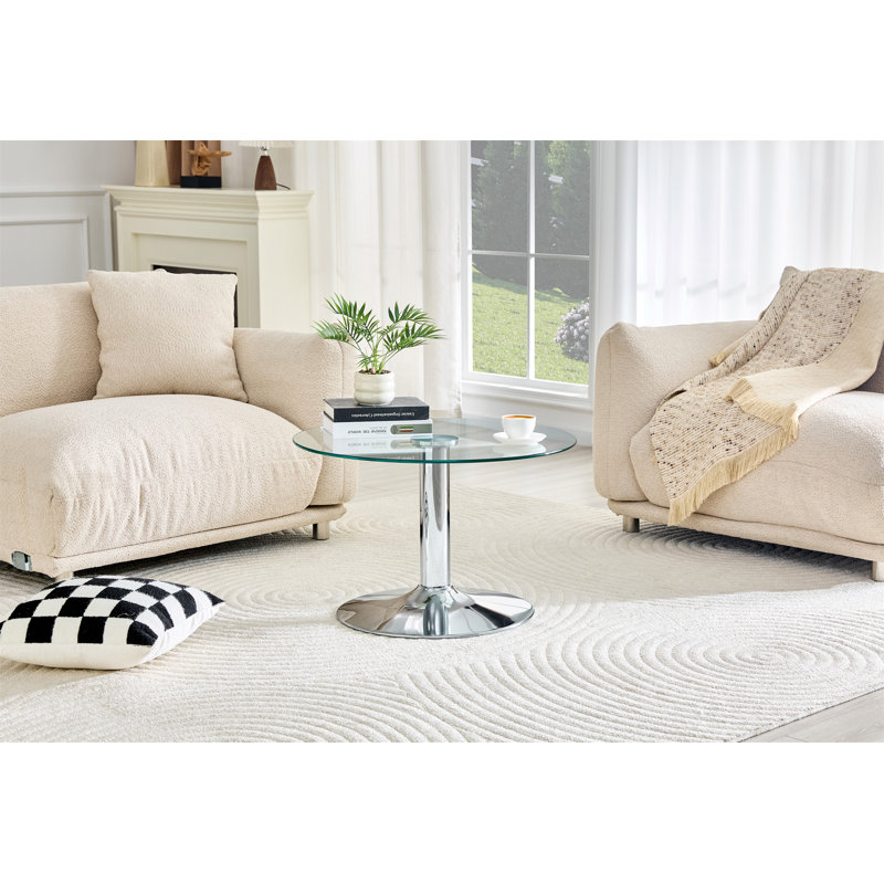 Table basse ronde en verre trempé de 27,5 pouces de diamètre. 17,7 pouces de haut, Argent