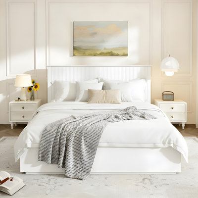 Stylish Queen Size Bed Frame - White Solid Wood King Bed, 600lbs Weight Limit, Compatible with 8 - 10" Mattress, Contemporary Bedroom Furniture