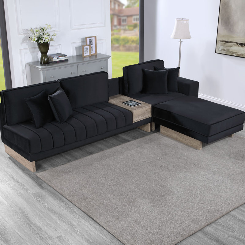 Canapé modulaire en velours noir avec rangement, tiroir, ports USB, prises Memphis