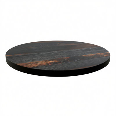 24" Round, Indoor 2-Inch Thick Melamine Table Top with Burnt Woodgrain Pattern and Black Edge Finish