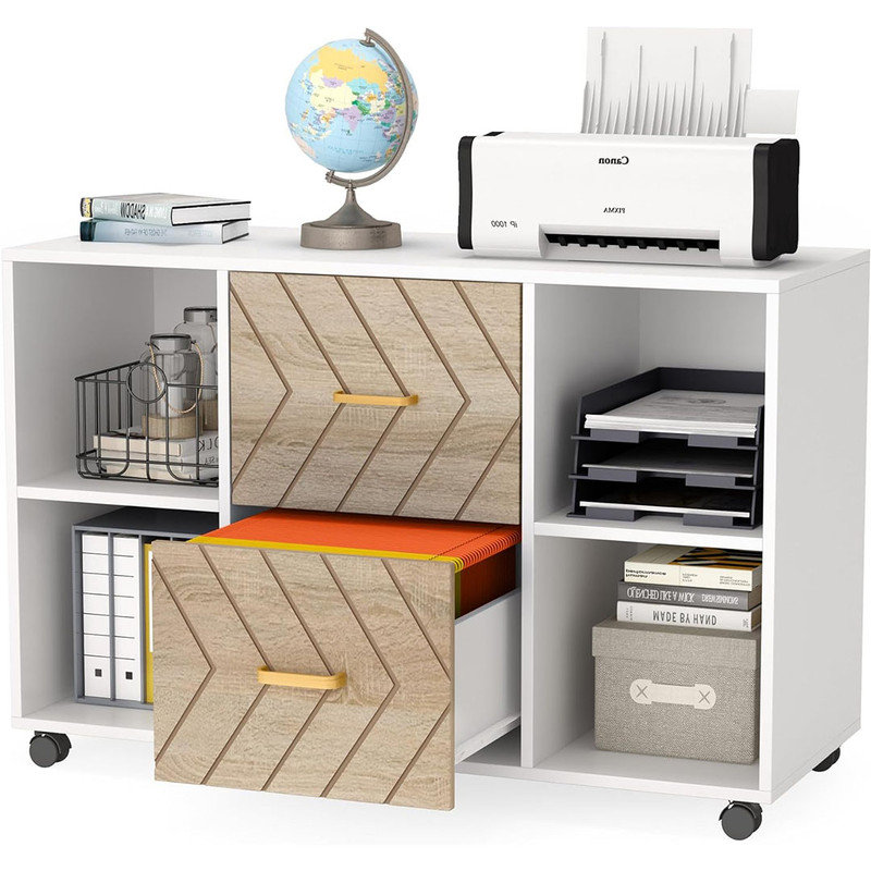 Wheeled File Cabinet with 2 Drawer, Large Mobile Lateral Filing Cabinet for Letter Size, Printer Stand with Storage Shelves for Home Office (White)