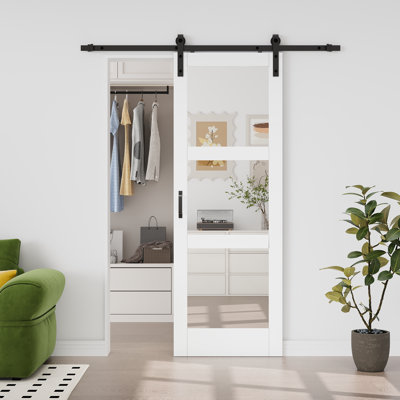84''H Double-Sided Mirrored Sliding Barn Door Shatter-Proof Paintable Panel Solid Manufactured Wood Bathroom Closet Doors With Soft Close