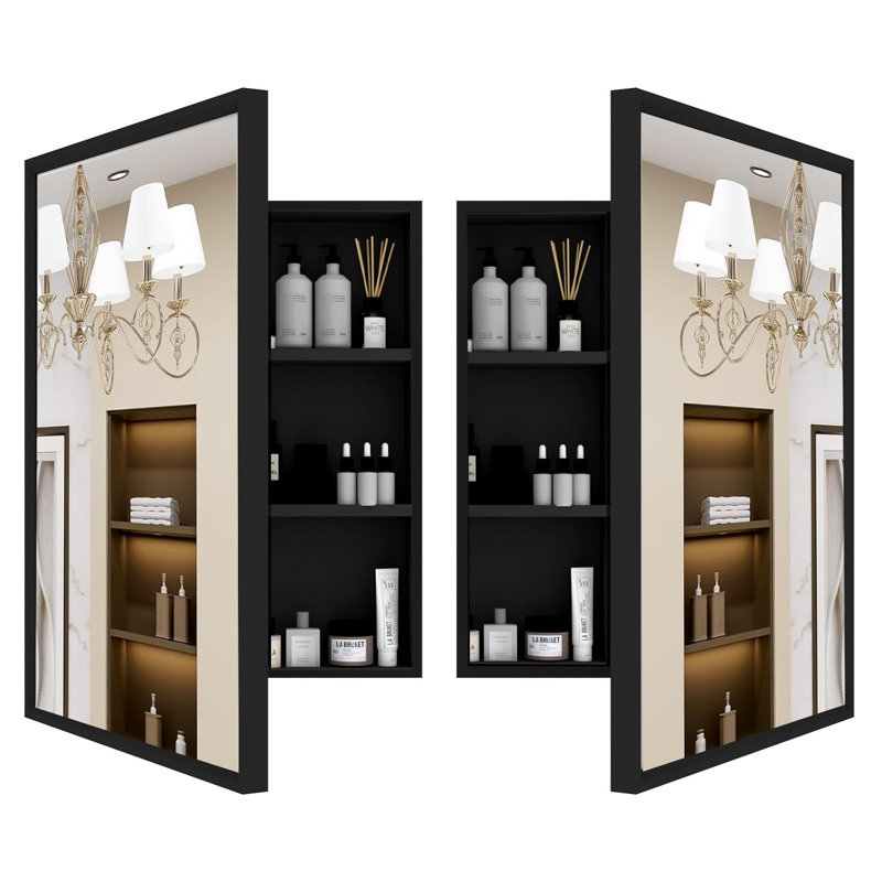Medicine Cabinet Mirror Solid Wood 3-Tier Shelf, Recessed/Surface Mount 22X28 Inch, Black